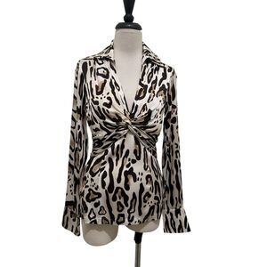 Cache Women's Animal Print Twist Front Silk Blend Blouse Top Brown Tan Medium